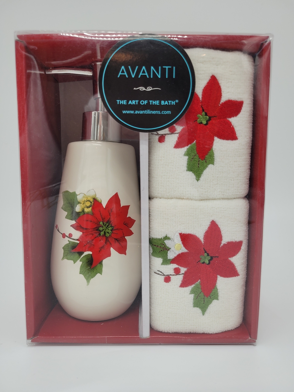 AVANTI Red Poinsettia Ceramic Soap/Lotion Dispenser Fingertip Towel Set NEW